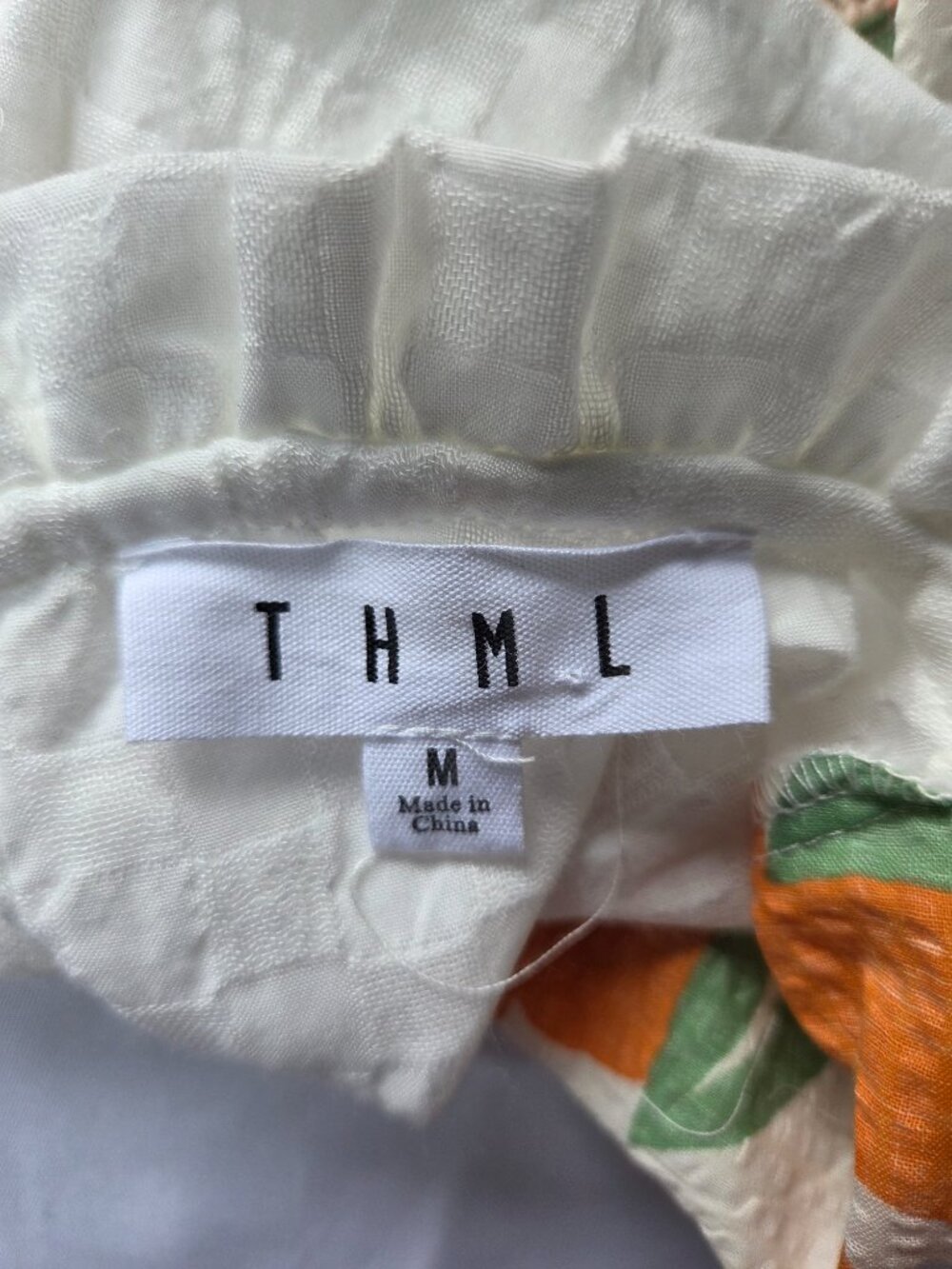 THML White Textured Blouse Orange & Green Yoke Ruffled Flutter Sleeves Sz Med - Picture 5 of 7